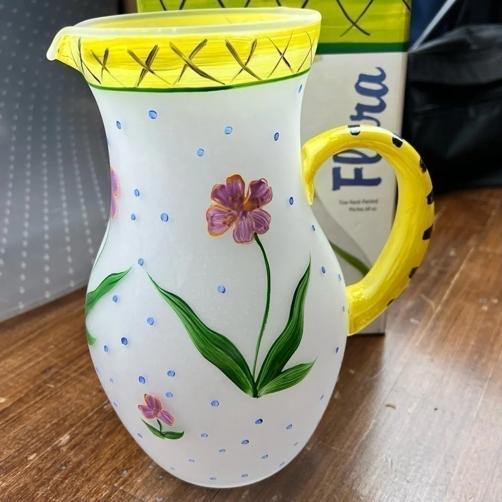 Flora Hand Painted Glass Pitcher 64 oz. Floral VTG Coastal Cottage Grandmother